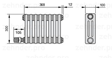 Схема (чертеж) Радиатор Zehnder Charleston 3030/8 №V004 Белый глянцевый RAL 9016